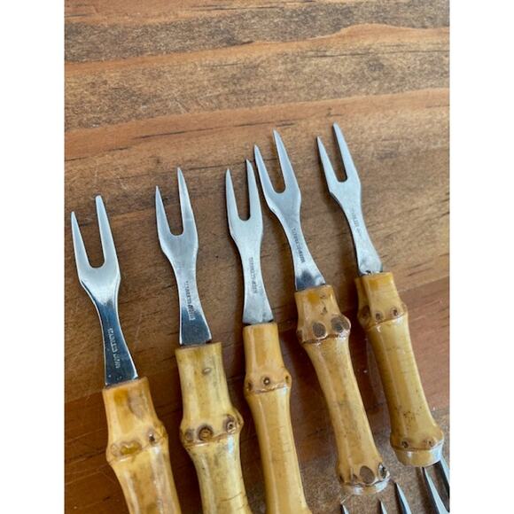 10 Vintage Bamboo Handle Stainless Steel Cocktail Appetizer Forks - Picture 2 of 5